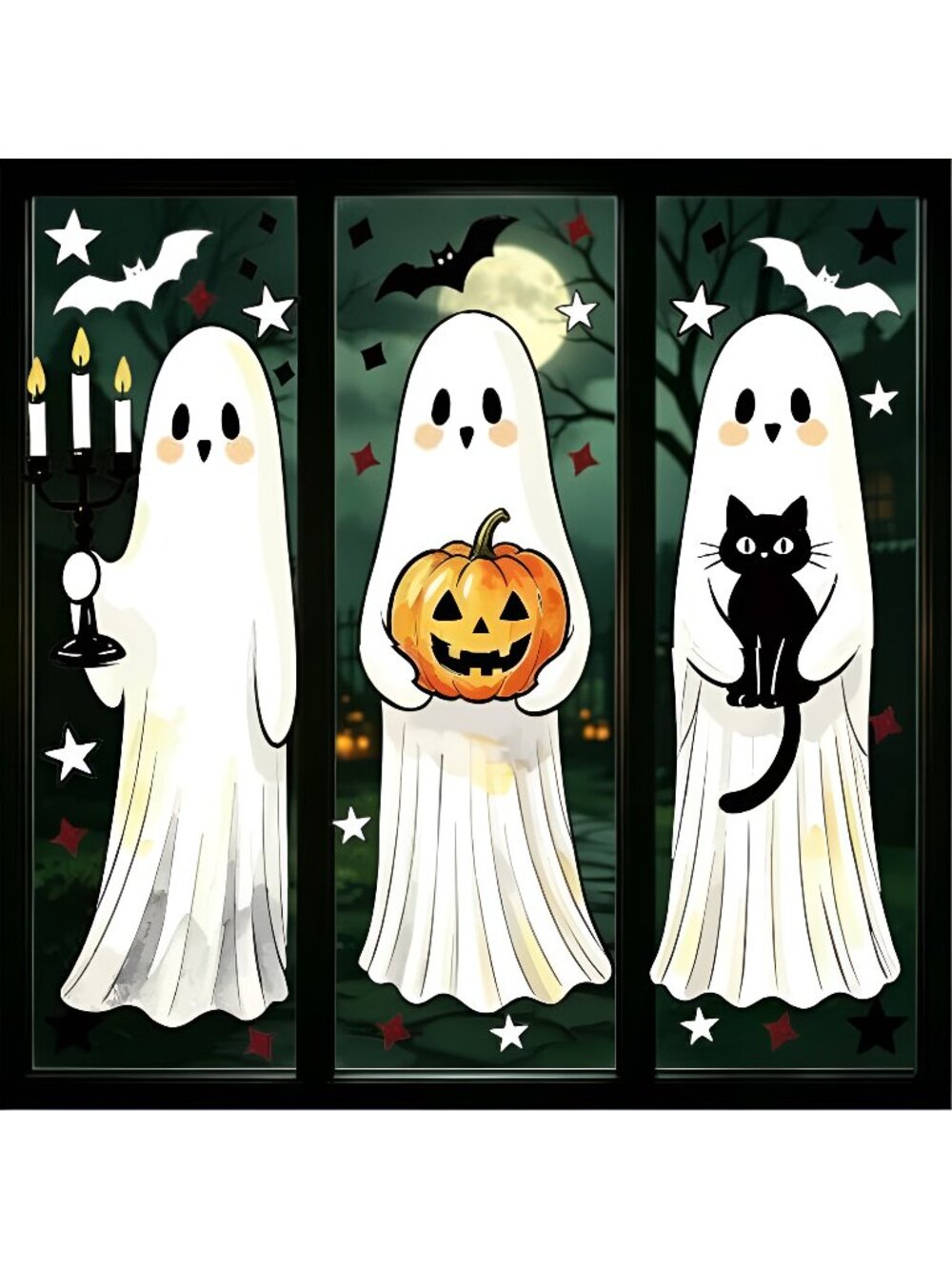 Halloween Window Clings, Large Ghost Window Clings, 3 Sheets Bats Black Cat